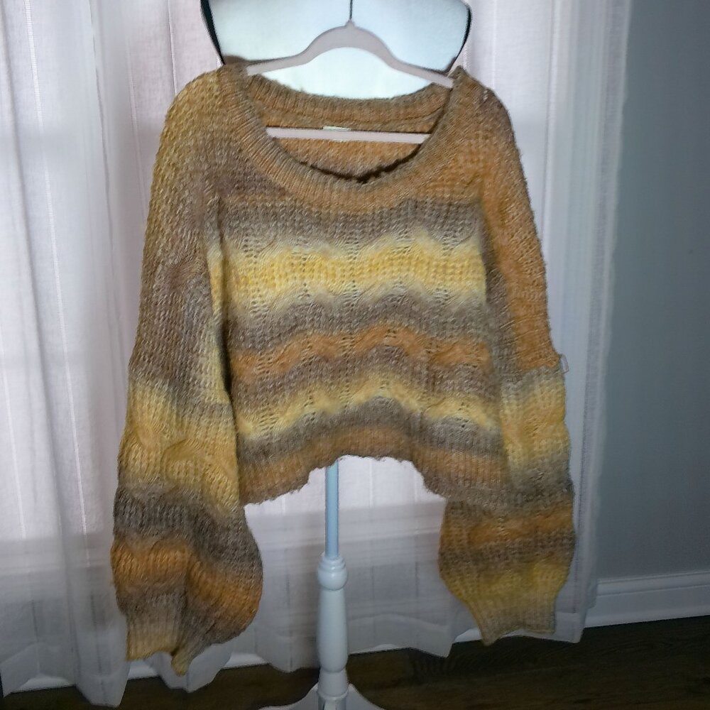 POL Cropped Sweater Cable Knit Puff Sleeves Cream,Tan & Brown Striped NWOT L